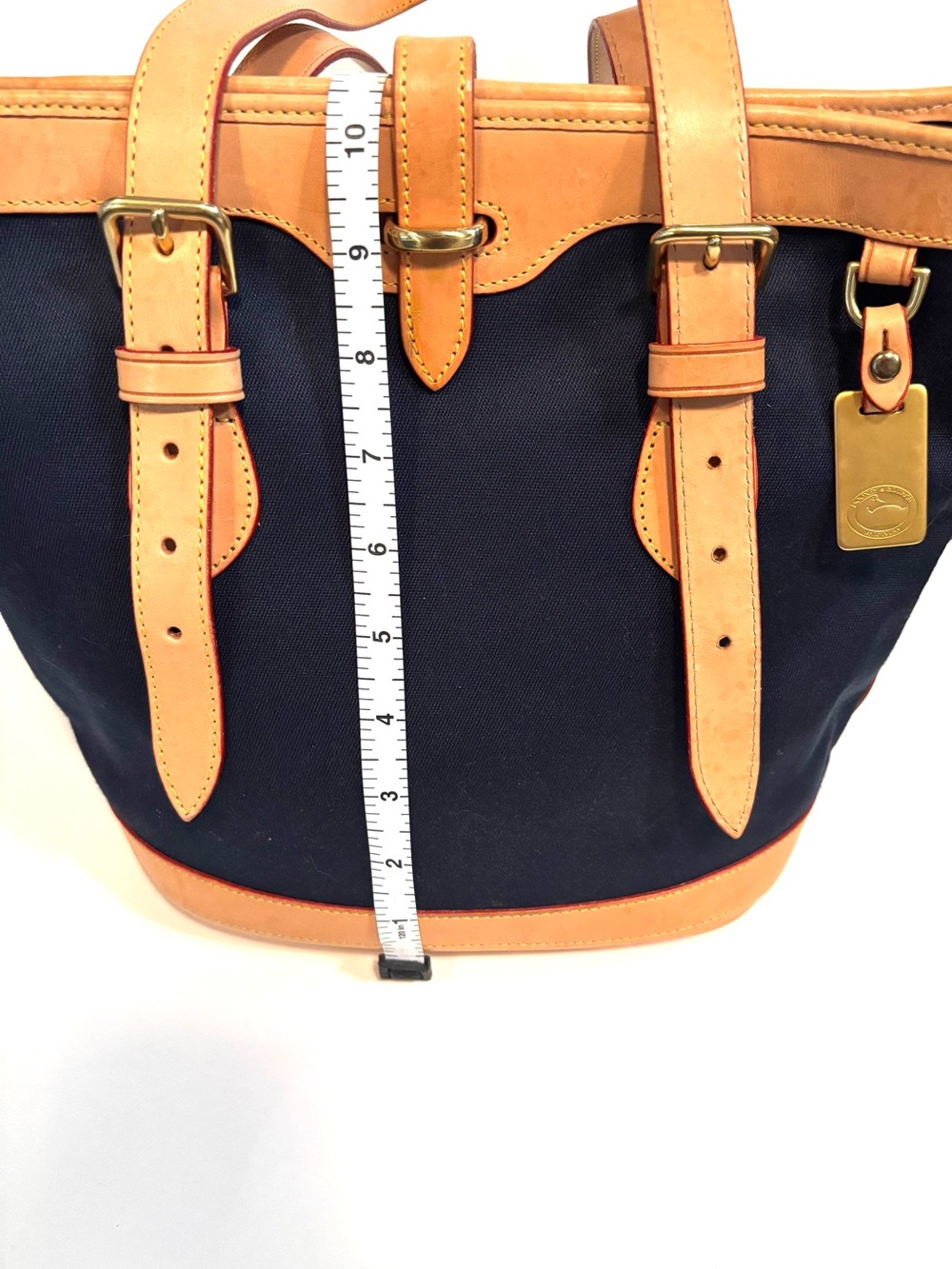 Dooney & Bourke Navy Canvas Cabriolet Bucket Bag Tote Tan Leather Trim - Picture 14 of 15